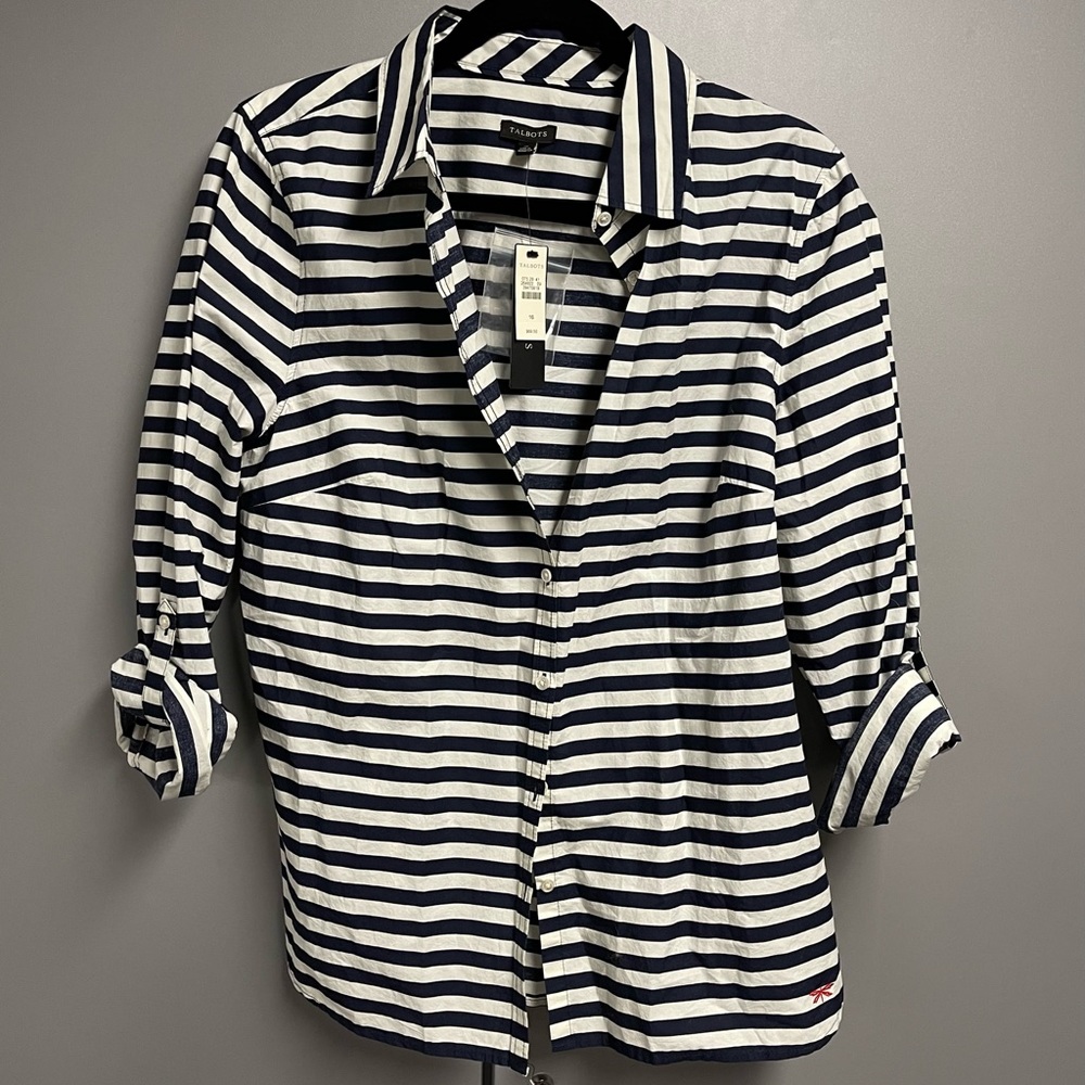 Talbots Navy Blue and White Striped Shirt/Jacket. Size 16 New with Tags.